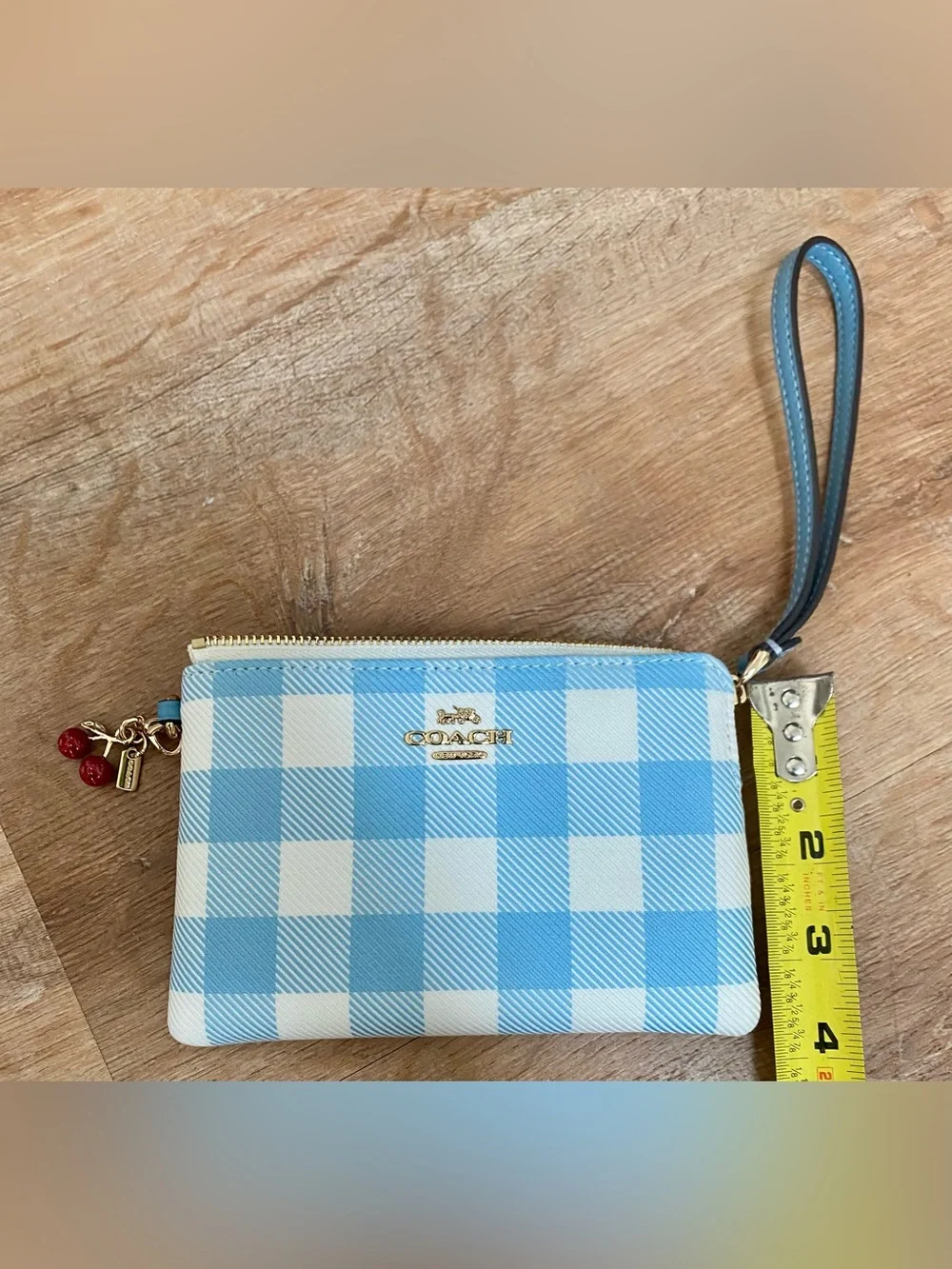 Coach Light Blue and White Gingham Wristlet with Cherry Charm